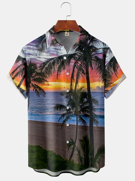 

Mens Sunset Coconut Tree Print Front Buttons Soft Breathable Chest Pocket Casual Hawaiian Shirt, Orange, Short Sleeve Shirts