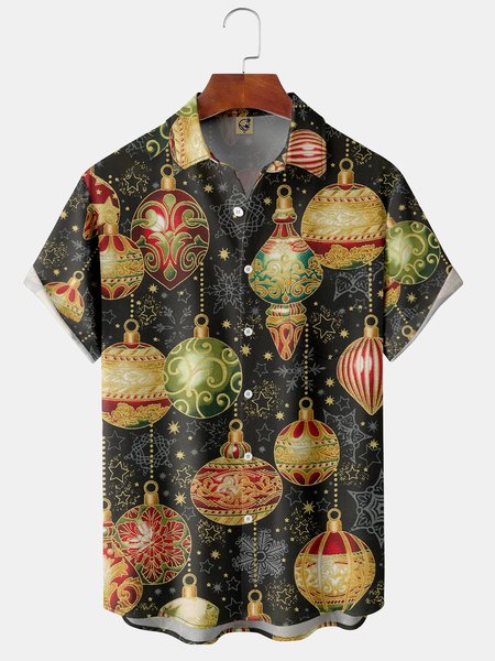 

Mens Retro Christmas Derocation Print Front Buttons Soft Breathable Chest Pocket Casual Hawaiian Shirt, Black, Short Sleeve Shirts
