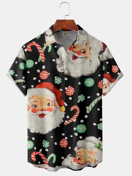 

Mens Retro Christmas Santa Print Front Buttons Soft Breathable Chest Pocket Casual Hawaiian Shirts, Black, Short Sleeve Shirts