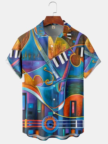 

Mens Retro Music Print Front Buttons Soft Breathable Chest Pocket Casual Hawaiian Shirt, Blue, Short Sleeve Shirts
