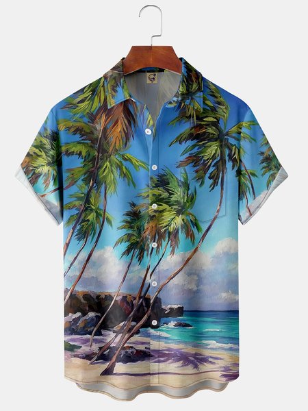 

Mens Coconut Tree Painting Print Front Buttons Soft Breathable Chest Pocket Casual Hawaiian Shirts, Blue, Short Sleeve Shirts