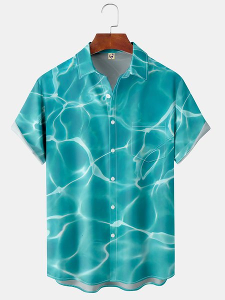 

Mens Ocean Print Front Buttons Short Sleeve Shirt Chest Pocket Casual Hawaiian Shirt, Blue, Short Sleeve Shirts