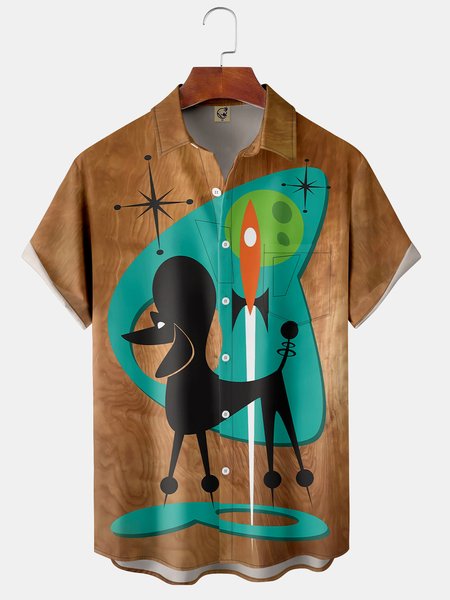 

Mens Retro Mid-century Print Front Buttons Soft Breathable Chest Pocket Casual Hawaiian Shirts, Brown, Short Sleeve Shirts