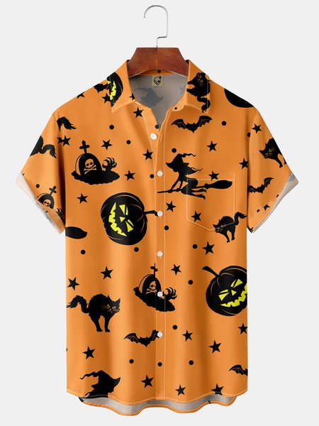 

Men's Vintage Halloween Pumpkin Print Front Button Soft Breathable Chest Pocket Casual Hawaiian Shirt, Orange red, Short Sleeve Shirts