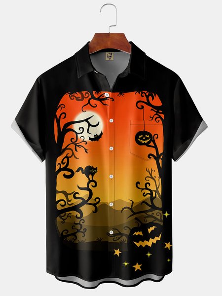 

Men's Vintage Halloween Pumpkin Print Front Button Soft Breathable Chest Pocket Casual Hawaiian Shirt, Black, Short Sleeve Shirts