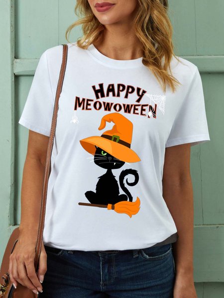 

Women Black Cat Happy Halloween Cotton T-Shirt, White, T-shirts