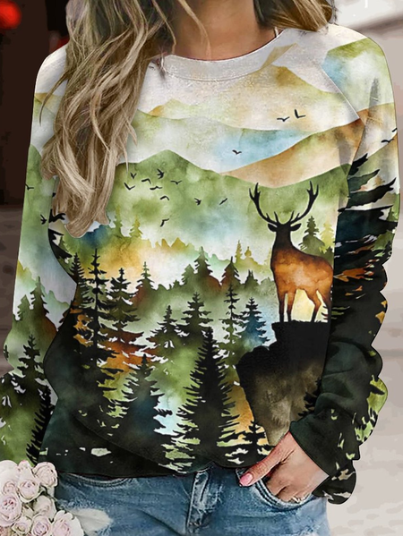 

Womens Mountains Art Print Crew Neck Sweatshirts, As picture, Hoodies&Sweatshirts