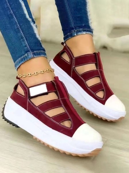 

Hollow Breathable Canvas Platform Shoes, Wine red, Creepers & Wedges