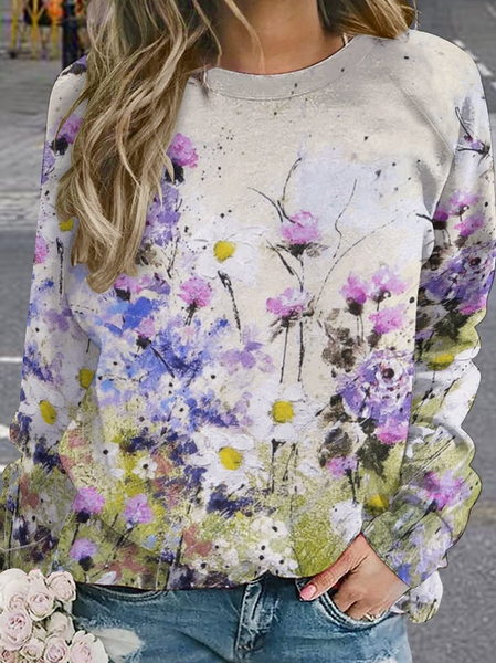 

Women Large Format Flowers Abstract Raglan Sleeve Crew Neck Casual Loose Sweatshirt, As picture, Hoodies&Sweatshirts