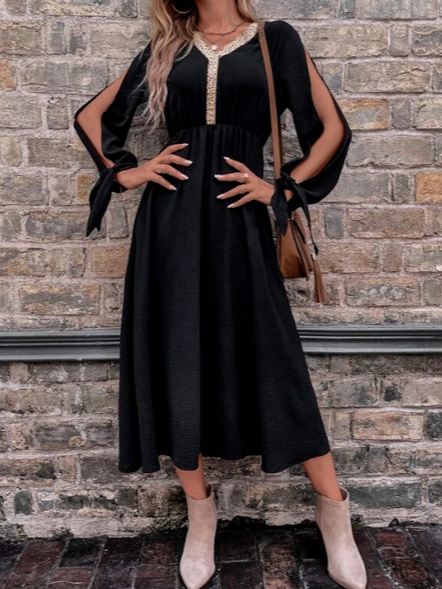 

Guipure Lace Insert Lantern Sleeve Dress, Black, Dresses
