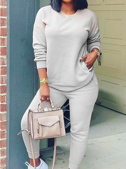 

Plain Crew Neck Casual Two Piece Sets, Gray, Suit Set