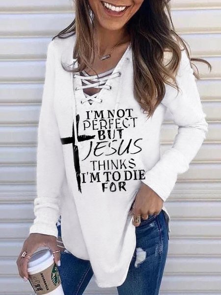 

Casual Letter Print Long Sleeve Knit Pullover Top, White, Shirts & Blouses