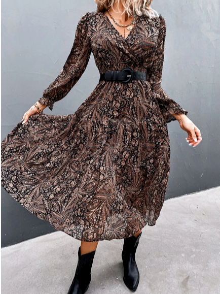 

Paisley Print Shirred Flounce Sleeve Chiffon Dress Without Belt, As picture, Midi Dresses