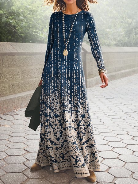 

Crew Neck Ethnic Boho Dress, Multicolor, Dresses