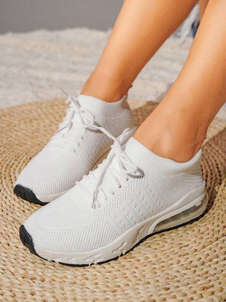 

Lightweight Soft Sole Breathable Lace-Up Flyknit Air Cushion Sneakers, White, Sneakers
