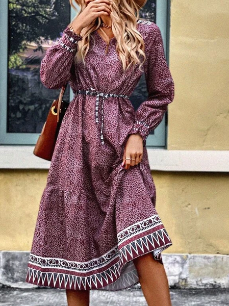 

Leopard Print Drawstring Waist Ruffle Hem Dress, As picture, Dresses