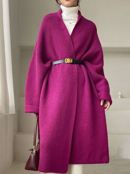 

V neck Long sleeve Simple Loose Sweater Coat, Rose red, Cardigans