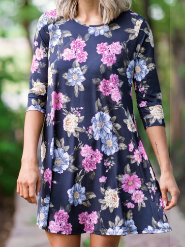 

Black And Mustard Crew Neck Casual Floral Dresses, Deep blue, Dresses