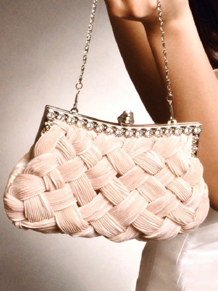 

Hand Carry Rhinestone Braided Party Dinner Bag, Beige, Women's Bags