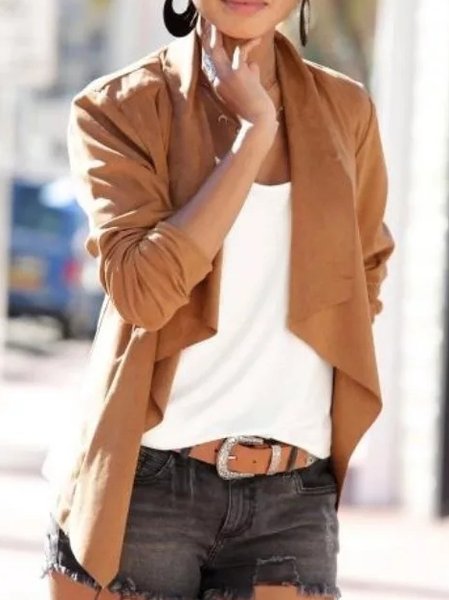 

V Neck Plain Loose Suede Coat, Camel, Cardigans
