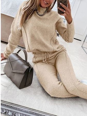 

Plain Turtleneck Casual Two Piece Set, Khaki, Suits