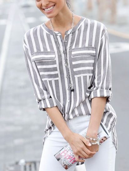 

Casual Geometric V Neck Striped Blouse, Gray, Shirts & Blouses