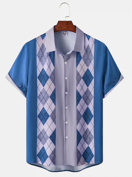 

Cotton Linen Vintage Pool Shirt Geometric Print Short Sleeve Shirt, Blue, Men's Floral shirt
