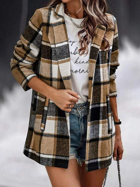 

Casual Plaid Pattern Lapel Neck Overcoat, Khaki, Coats