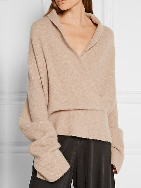 

High Elasticity Loose V Neck Long sleeve Plain Sweater, Camel, Sweaters