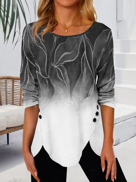 Gradient tulip shaped hem button loose tunic T shirt