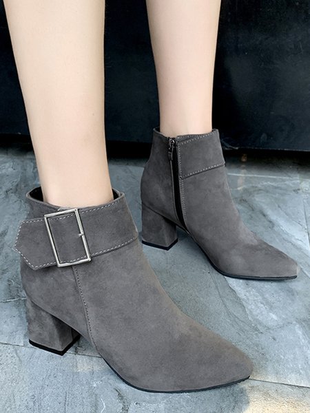 

Chunky Heel Buckle Pointed-Toe Suede Martin Boots, Gray, Boots