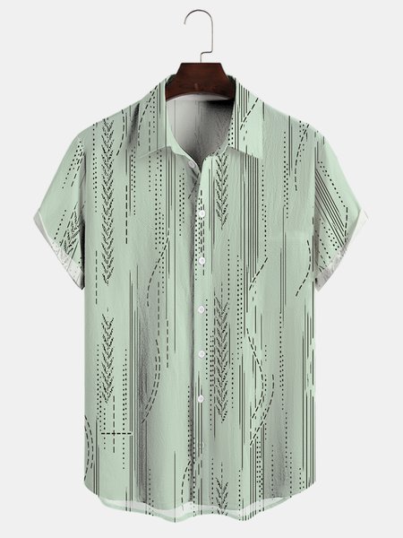 

Cotton Linen Geometric Print Casual Short Sleeve Shirt, Green, Men's Floral shirt