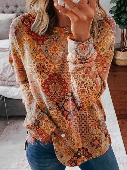 Loose Crew Neck Ethnic Sweatshirt, Multicolor, Sweatshirts & Hoodies