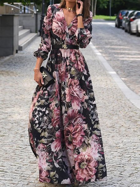

Regular Fit V Neck Boho Dresses, Red, Maxi Dresses