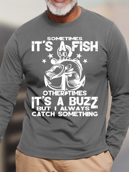 

Men Fish Buzz Catch Something Cotton Crew Neck Loose T-Shirt, Gray, Long Sleeves