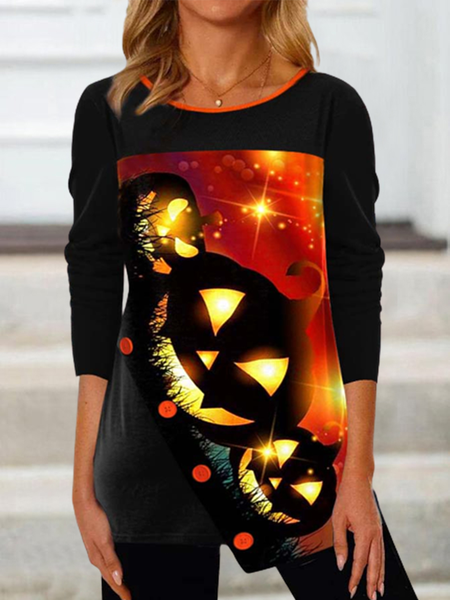 

Casual Black Halloween Pumpkin Print Long Sleeve T Shirt, Orange, T-Shirts