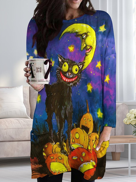 

Women Pumpkin Black Cat Moon Casual Halloween Dress, Purple, Dresses