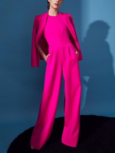 

Crew Neck Regular Fit Simple Short Sleeve Jumpsuit, Rose red, Jumpsuits