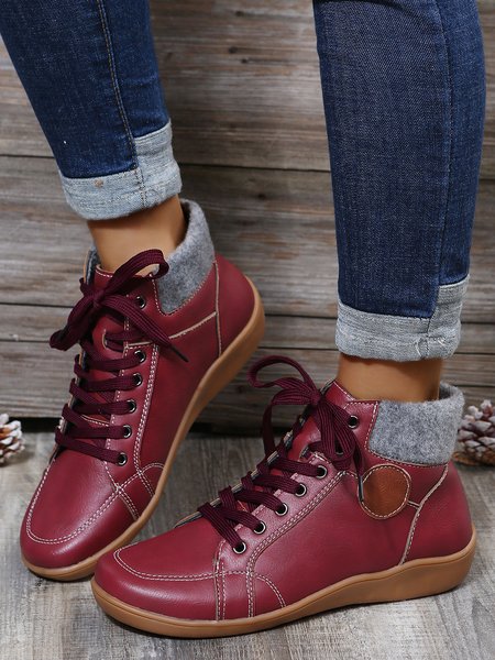 

PU Leather Suede Panel Casual Short Boots, Red, Boots