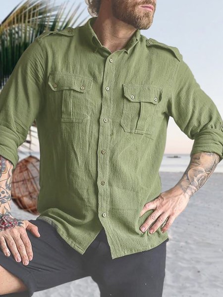 

Men's Cotton Linen Style Work Pocket Long Sleeve Shirt, Green, Long Sleeve Shirts