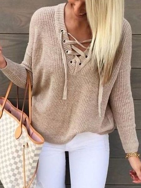 

Cross Lace-up V Neck Loose Casual Sweater, Khaki, Sweaters & Cardigans