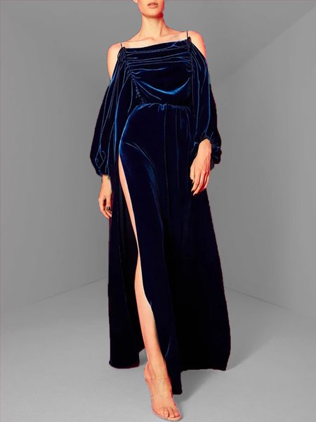 

Elegant Velvet Cold Shoulder Plain Dress, Deep blue, Maxi Dresses
