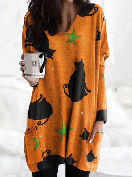Halloween Cat Crew Neck Casual Loose Dress, Orange, Mini Dresses