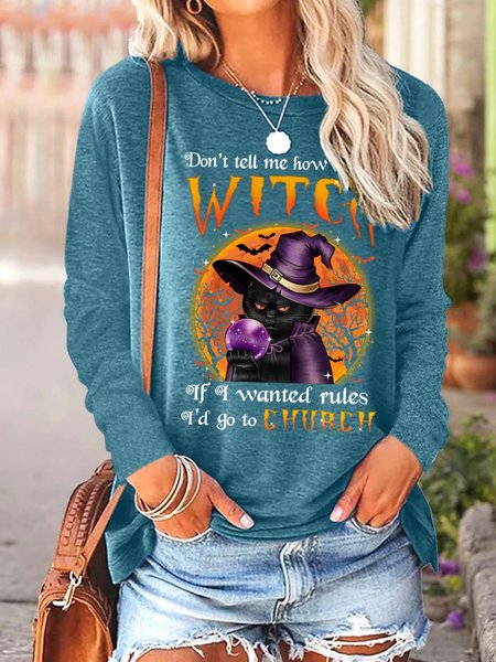 

Women Black Cat Witch Happy Halloween Loose Casual Top, Green, Long sleeves