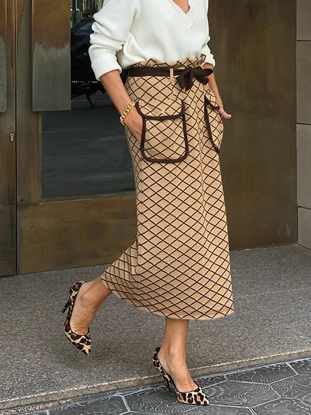 

Loose Urban H-Line Plaid Long Skirt, Khaki, Skirts