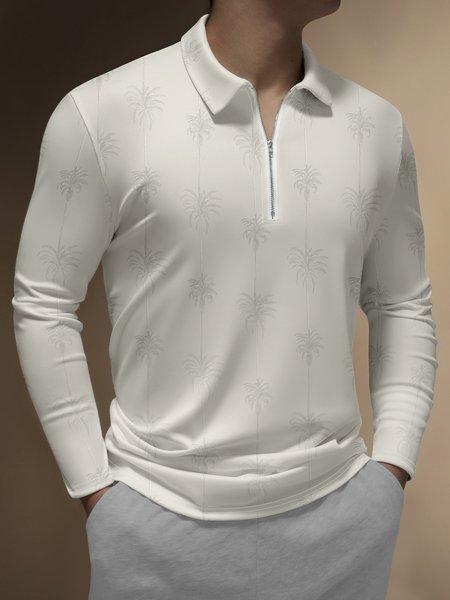 

Resort-style Hawaiian Botanical Coconut Tree Pattern Lapel Zip Long Sleeve Print Polo Shirt, Light khaki, Long Sleeve T-shirts