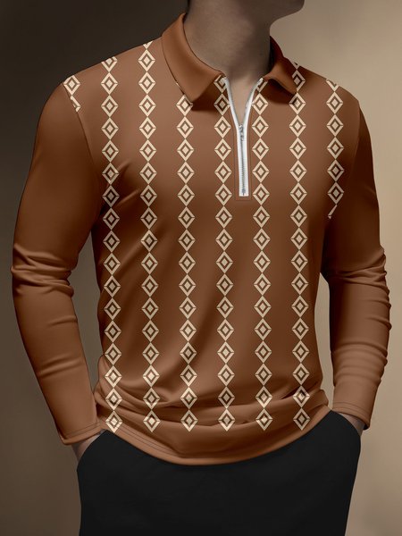 

Casual Art Stripe Geometric Colorblock Lapel Zip Long Sleeve Print Polo Shirt, Red brown, Long Sleeve T-shirts