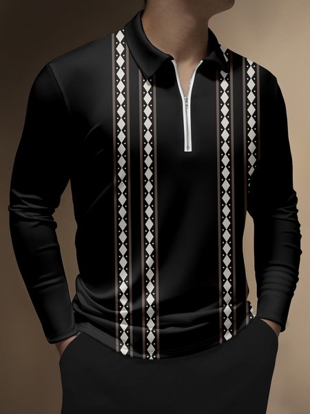 

Casual Art Stripe Geometric Colorblock Lapel Zip Long Sleeve Print Polo Shirt, Black, Long Sleeve T-shirts