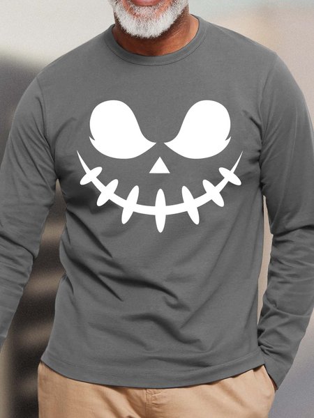 

Men Ghost Face Happy Halloween Crew Neck Cotton T-Shirt, Gray, Long Sleeves