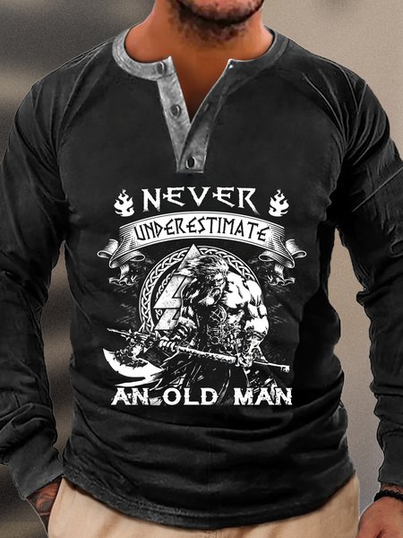 

Never Underestimate An Old Man Casual V Neck Cotton T-Shirt, Black, Long Sleeves